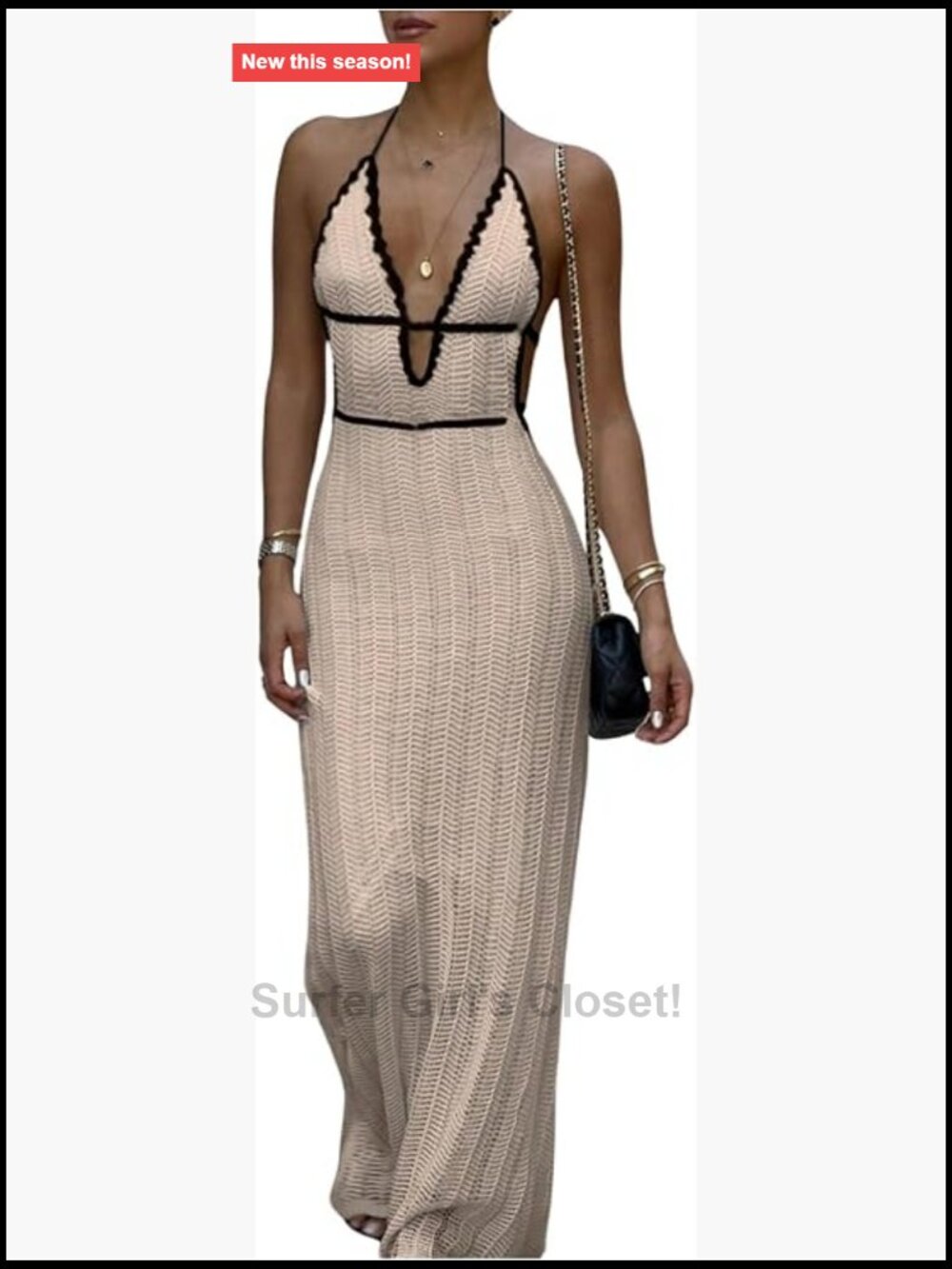 Sleeveless Tie Back Halter Maxi Dress Deep V Neck Knit Elegant
